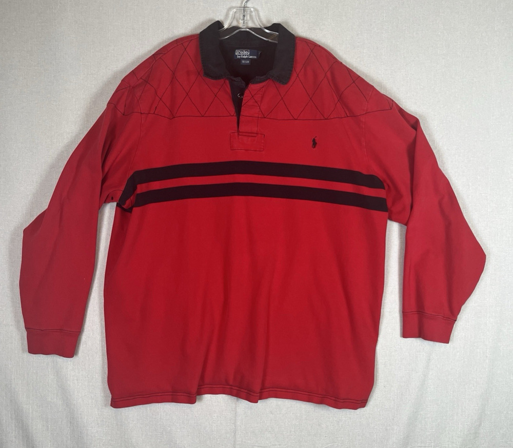 VTG Polo Ralph Lauren Mens Red Black Stripes Rugby Polo Shirt Size 4XLT 4XL Tall